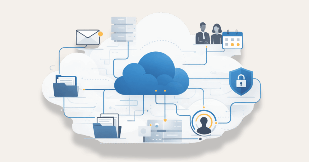 Cloud-based Microsoft 365 environment illustrating connected email, files, users, and security controls, showing how data, identities, and collaboration tools are managed across a centralized cloud system.