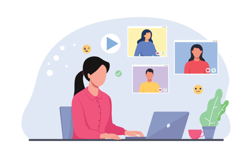 Illustration of a professional working remotely with connected apps and video calls, highlighting how Microsoft 365 supports flexible work while requiring controlled access and security.