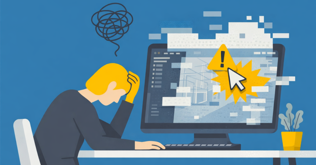 Professional experiencing CAD software glitches, shown by a frozen design screen with warning alert and fragmented interface, highlighting disruption in design workflows and system instability.