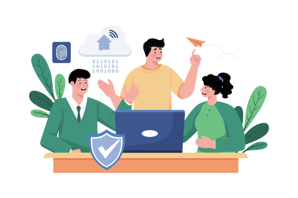 Illustration of a team working securely at a laptop with protection icons, representing internet safety for businesses and how small gaps can create access risks over time.