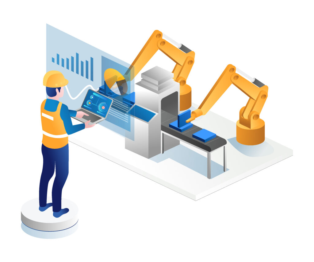 When Glitches Grind the Gears: The Hidden Cost of Neglected Tech in Manufacturing 10 vecteezy man controlling factory robot with laptop 8258670