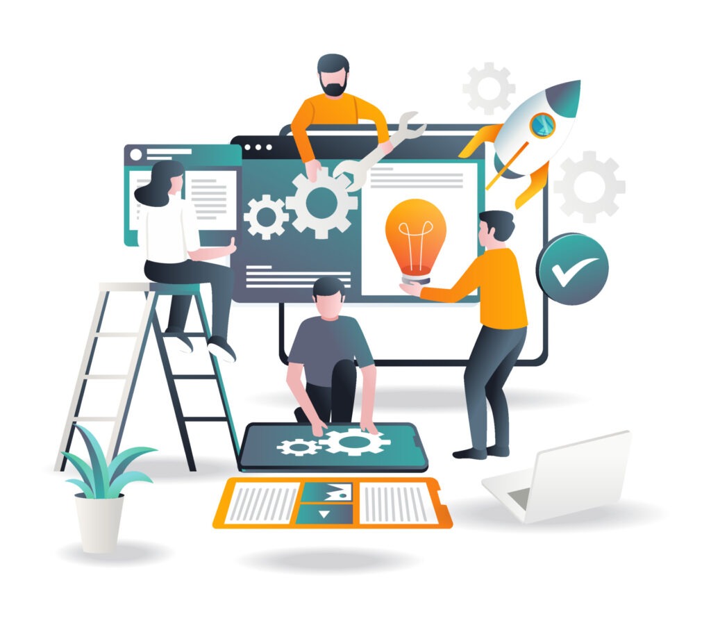 vecteezy the team is designing the app and launching it on a rocket