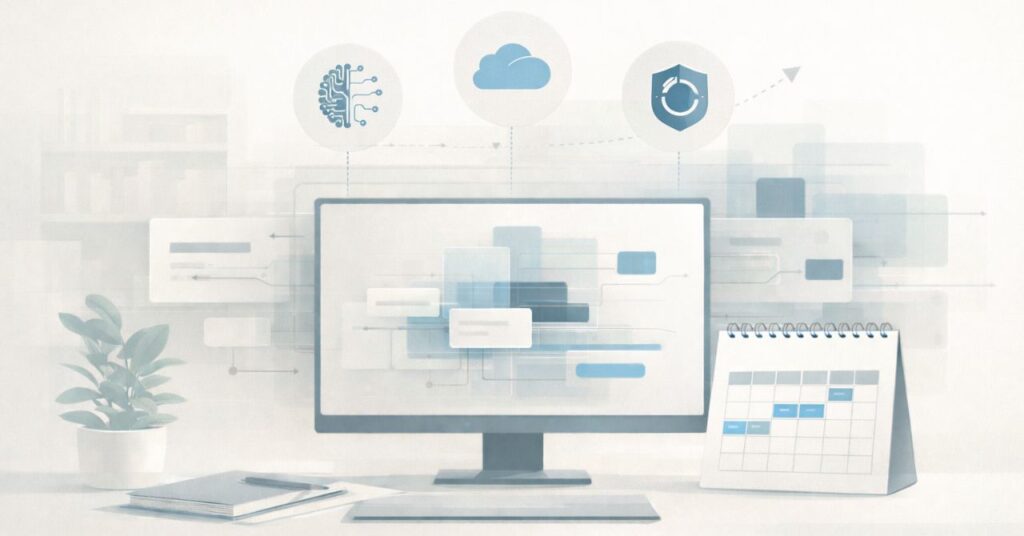 Flat illustration of a calm, modern IT planning workspace with a central monitor showing layered system blocks, a desk calendar indicating future timelines, and subtle icons representing AI, cloud services, and data backup. Muted colors and clean lines emphasize structure, readiness, and forward-looking planning.