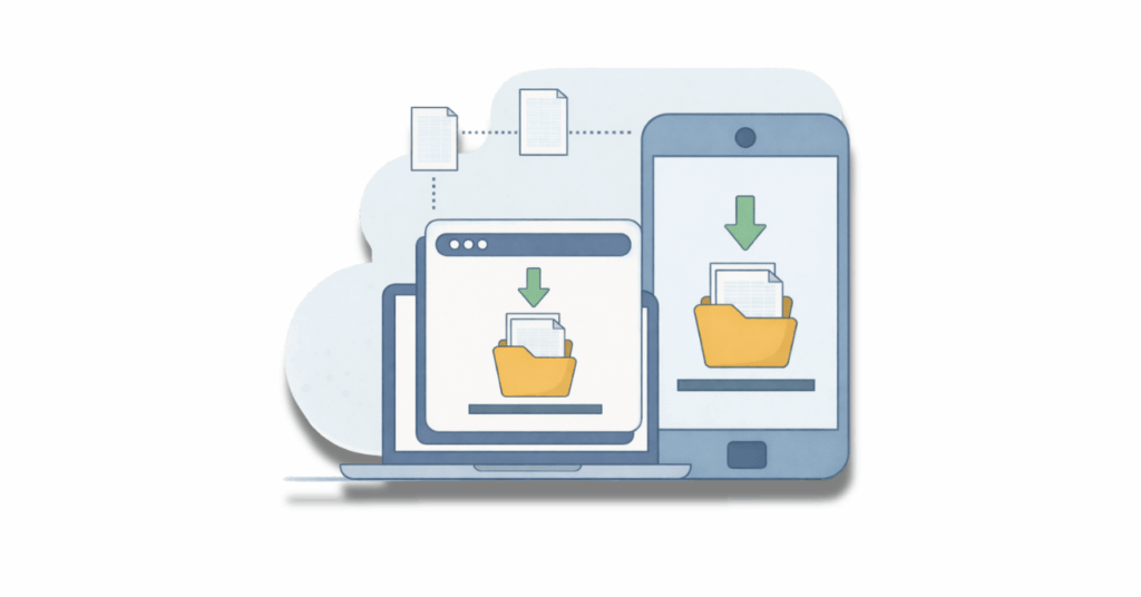 Cloud backup and disaster recovery illustration showing data replication across devices.