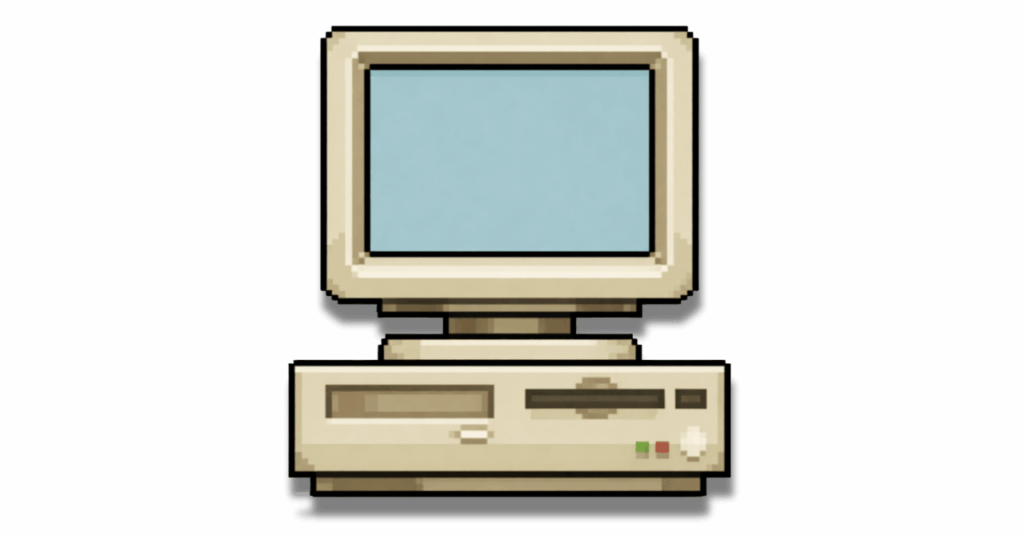 Flat, muted illustration of a vintage desktop computer with a CRT monitor and base unit, shown front-on with a blank screen, representing legacy systems or outdated technology.