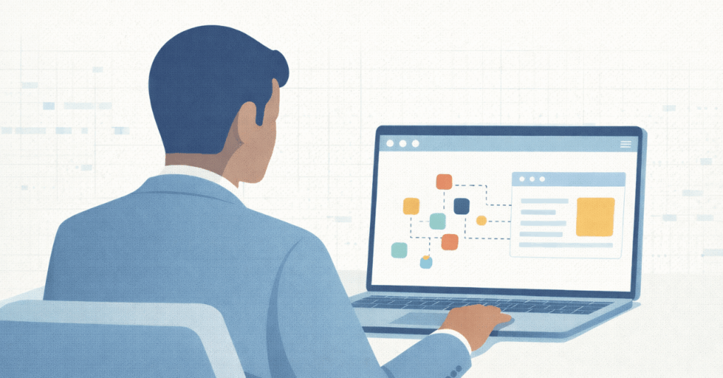 Semi-flat illustration of a business professional viewed from behind, seated at a desk and using a laptop, with simple abstract icons representing cookies connecting within a website interface, conveying how cookies support normal website functionality in a calm, trustworthy way.
