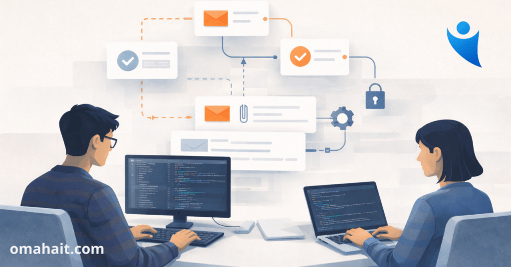 Illustration of two professionals working at computers with visual email workflows, security checks, and automation icons, representing how teams prevent email fraud in professional services.