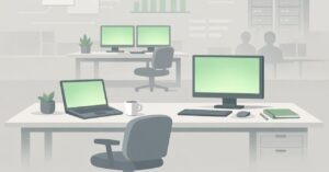 Flat illustration of a modern office workspace representing a healthy IT environment, with organized desks, calm system screens glowing softly green, and a quiet, structured setting that suggests stable, well-functioning technology.