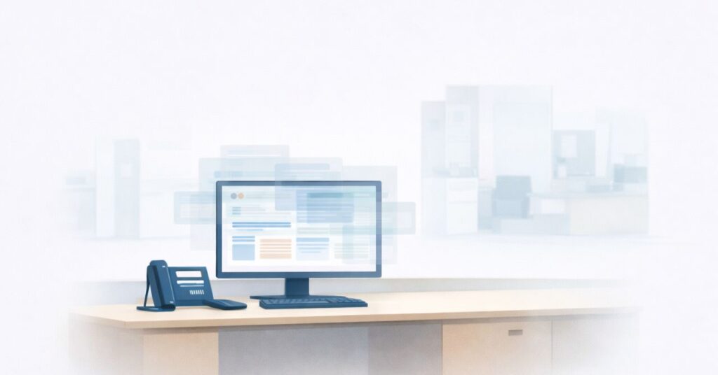 Hidden IT Risks in Clinics with Shared Devices 2 Flat-style illustration of a healthcare clinic workstation with overlapping interface panels on screen, suggesting shared access and system ambiguity—visually supporting the concept of hidden IT risks in clinics with shared devices.