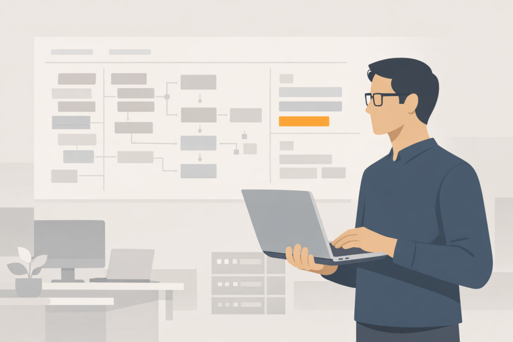 Flat illustration of an IT professional reviewing systems on a planning board, representing an IT reset for businesses through structured evaluation and oversight.