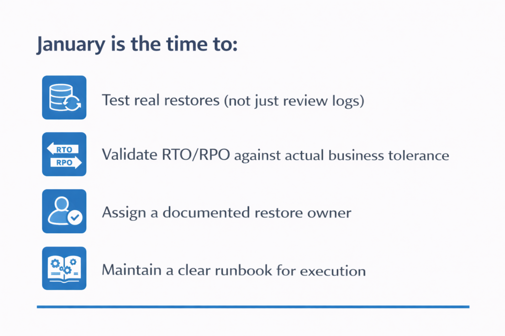 Calm, structured checklist graphic outlining four January IT Reset for businesses tasks: testing real restores, validating RTO/RPO, assigning a restore owner, and maintaining a clear runbook. Minimal blue icons appear beside each item in a clean, systems‑oriented layout.