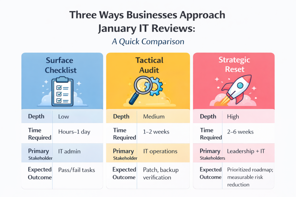 Comparison graphic titled “Three Ways Businesses Approach January IT Reviews” showing Surface Checklist (low depth, quick pass/fail tasks), Tactical Audit (medium depth, patch and backup verification), and Strategic Reset (high depth, leadership-driven roadmap and measurable risk reduction), illustrating an IT Reset for businesses.