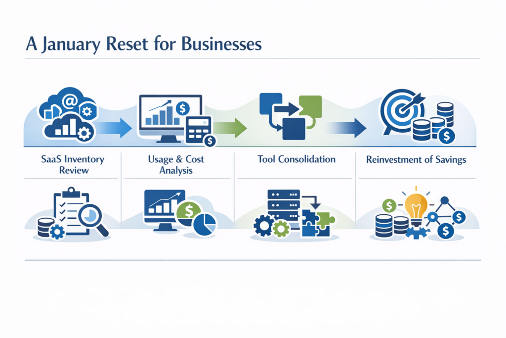 Structured horizontal process graphic illustrating four components of an IT Reset for businesses: SaaS inventory review, usage and cost analysis, tool consolidation, and reinvestment of savings. Uses calm tech-focused icons, restrained blues and greens, and a systematic left‑to‑right flow consistent with InfiNet’s brand aesthetic.