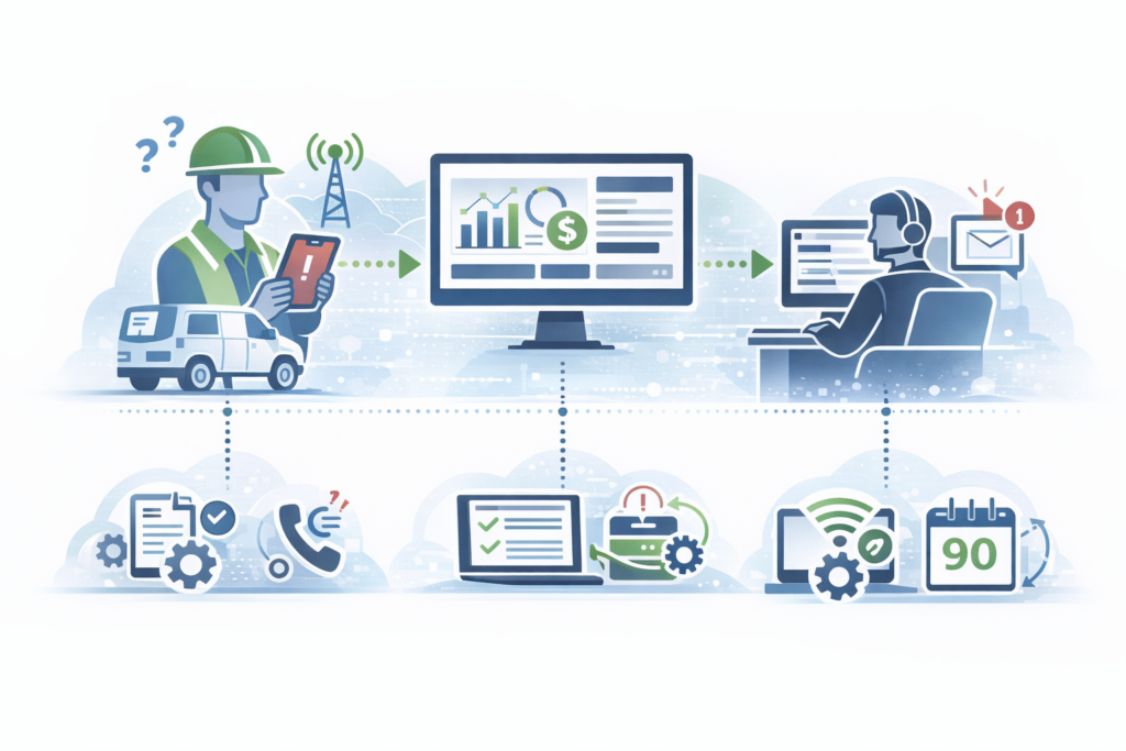 A calm, tech‑forward illustration representing IT challenges in skilled trades, showing a mobile field technician struggling with unreliable connectivity, a central operations dashboard highlighting gaps in stability, and a support desk handling reactive tickets. Supplemental system icons depict inconsistent device standards, unrealistic connectivity assumptions, misaligned workflows, and the lack of predictable, preventative IT processes.