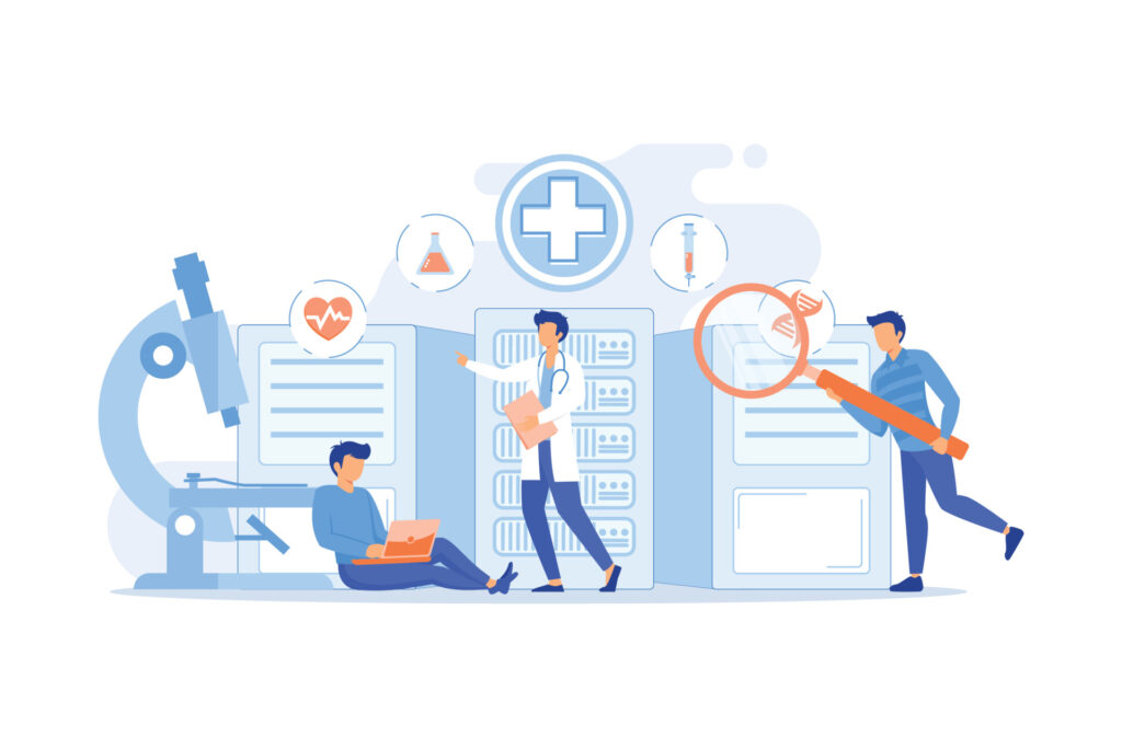 Healthcare team working across connected systems with patient data, lab tools, and digital records, illustrating how everyday workflows can introduce IT risks in clinics when systems and visibility aren’t fully aligned.