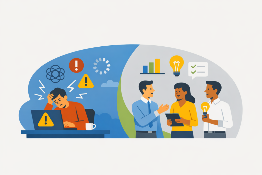 Comparison of proactive IT vs reactive IT from a leadership perspective, showing reactive IT with delayed responses, rushed decisions, and post-incident risk, versus proactive IT where risks are identified early, decisions are informed, and technology supports stable operations.