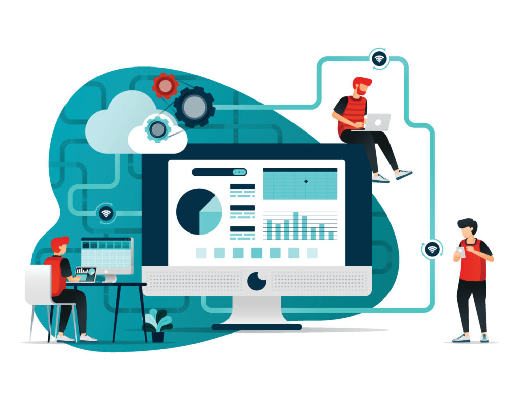 Proactive IT vs reactive IT illustrated through a connected cloud system, with professionals monitoring dashboards and workflows in real time to prevent issues rather than responding after disruptions occur.
