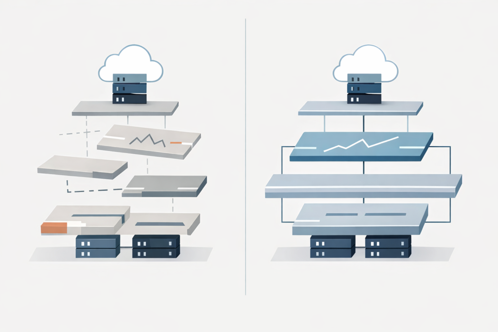 Diagram illustrating proactive IT vs reactive IT, contrasting an organized technology stack with a fragmented, reactive setup.