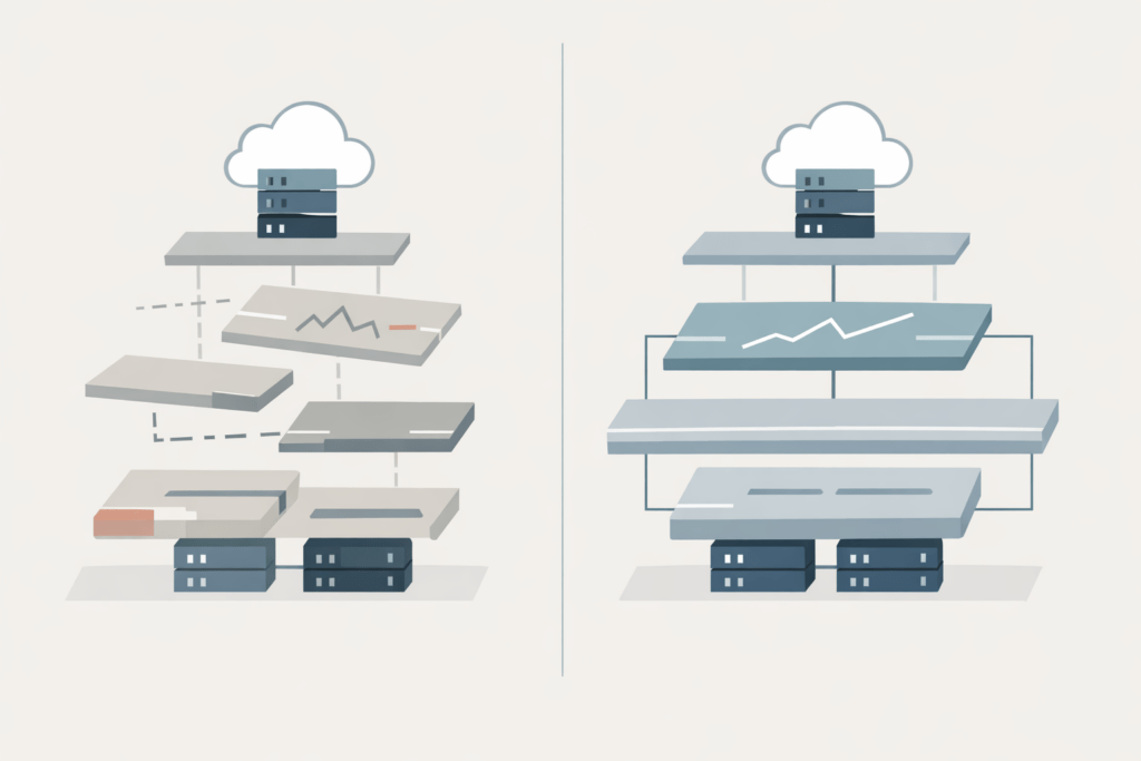 Diagram illustrating proactive IT vs reactive IT, contrasting an organized technology stack with a fragmented, reactive setup.