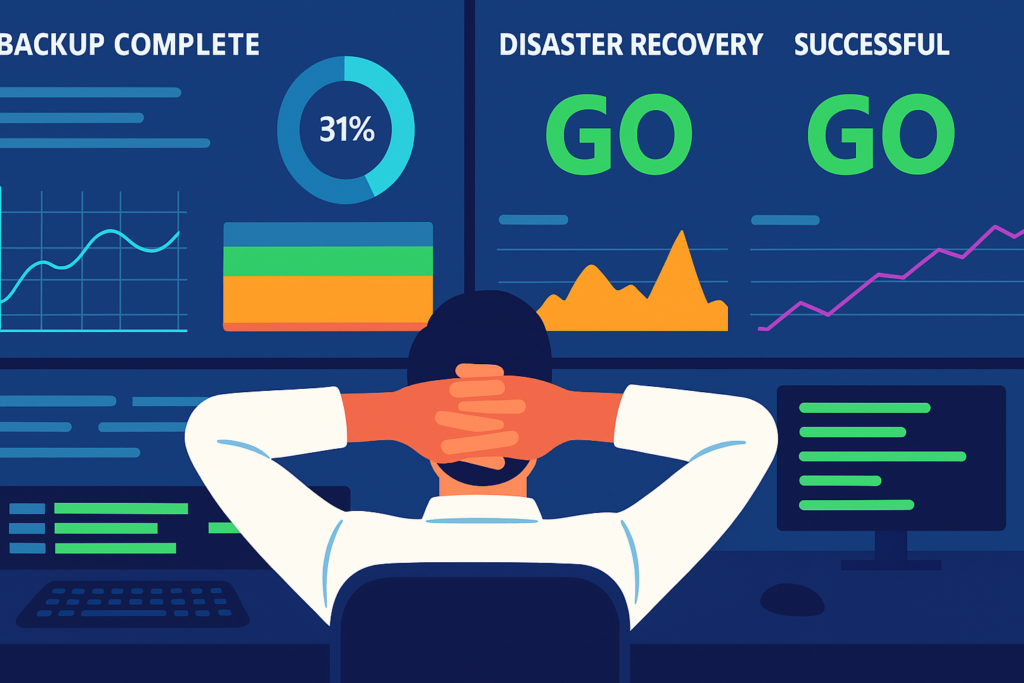 Illustration of an IT professional monitoring dashboards showing backup completion and disaster recovery status with green “GO” indicators, representing Disaster Recovery vs. Backups and their role in maintaining business continuity.