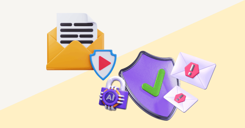 Graphic showing an open email envelope, security shield icons, an AI security chip, and warning-marked emails to illustrate the contrast between basic spam filtering and advanced threat protection.