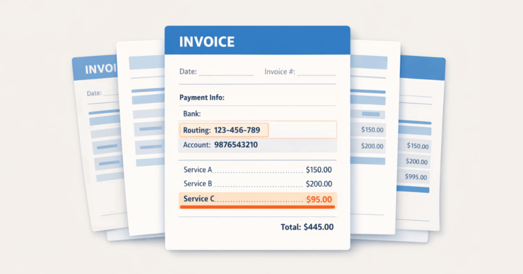 A calm, semi-flat illustration of several neatly stacked invoices, with one document showing a subtle misaligned bank detail and a highlighted routing field, representing how invoice fraud risk can appear within routine paperwork.