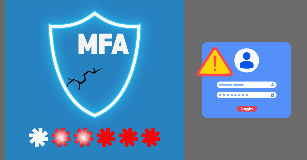 A cracked MFA shield next to a login warning icon, illustrating that MFA isn’t enough to protect against modern authentication threats.