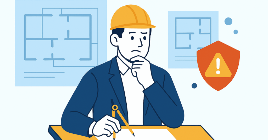Semi-flat illustration showing architectural project plans, work tools, and a warning shield icon representing security risks in project-based work.
