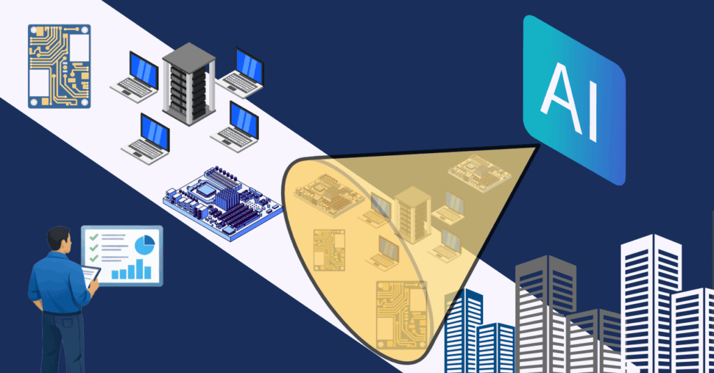 Illustration showing hardware resources flowing toward AI demand, where servers, laptops, and circuit boards become increasingly concentrated, representing how AI growth narrows availability in a constrained hardware market while a decision-maker reviews system data.