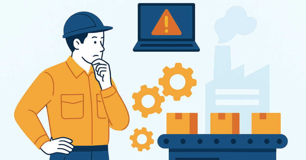 Semi-flat illustration of a manufacturing line halted by an IT issue, showing gears, machinery, and warning indicators to represent the Operational Cost of Downtime.
