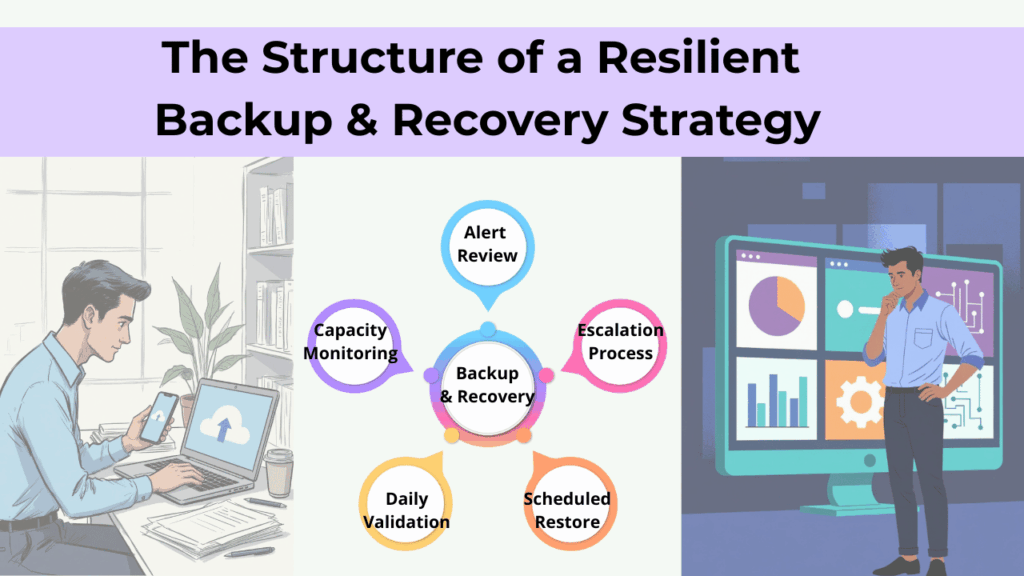 Diagram titled “The Structure of a Resilient Backup & Recovery Strategy” showing alert review, capacity monitoring, daily validation, escalation process, and scheduled restore surrounding a central backup and recovery system.