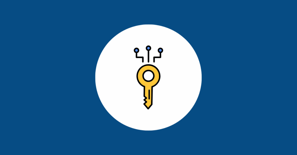 A minimalist graphic showing a gold key with digital circuit lines on a blue background, symbolizing the admin rights security risk associated with elevated access in business systems.