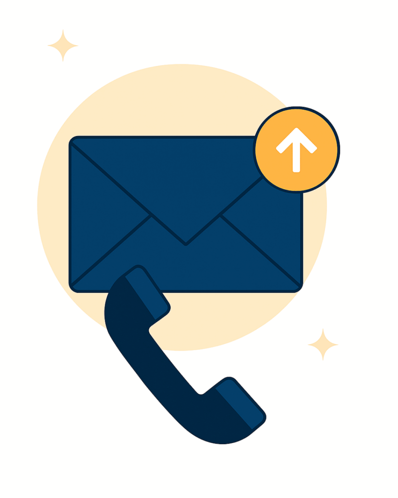 Illustration of an envelope and phone with an upward arrow, representing clear communication and defined escalation paths when deciding how to choose a managed IT provider.