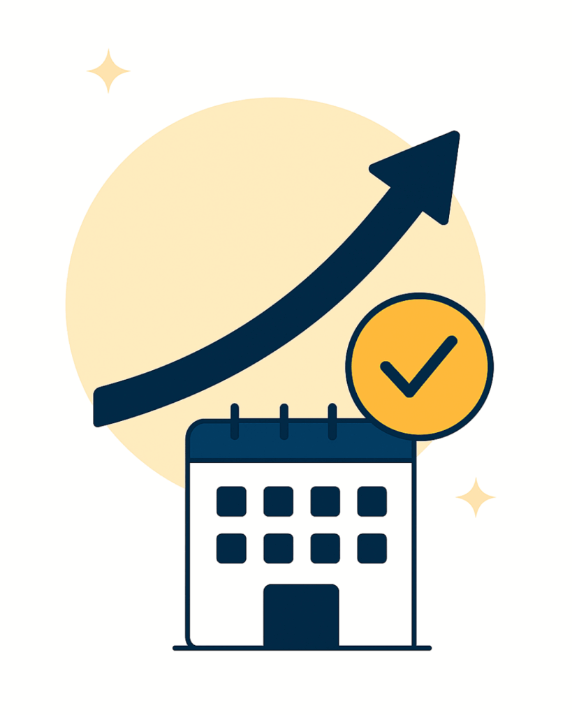 Illustration of a calendar and building with an upward arrow and checkmark, representing long-term planning, strategic reviews, and growth alignment when evaluating how to choose a managed IT provider.