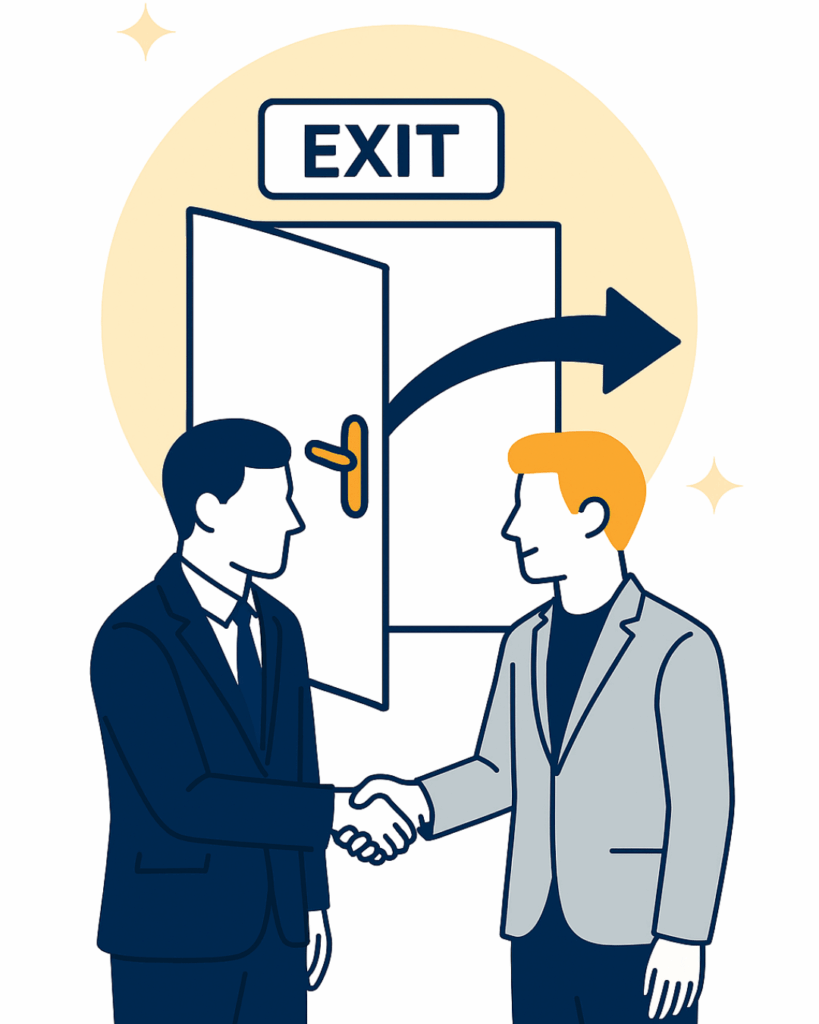 Illustration of two professionals shaking hands near an open door labeled exit, representing transparent termination terms and smooth transitions when evaluating how to choose a managed IT provider.