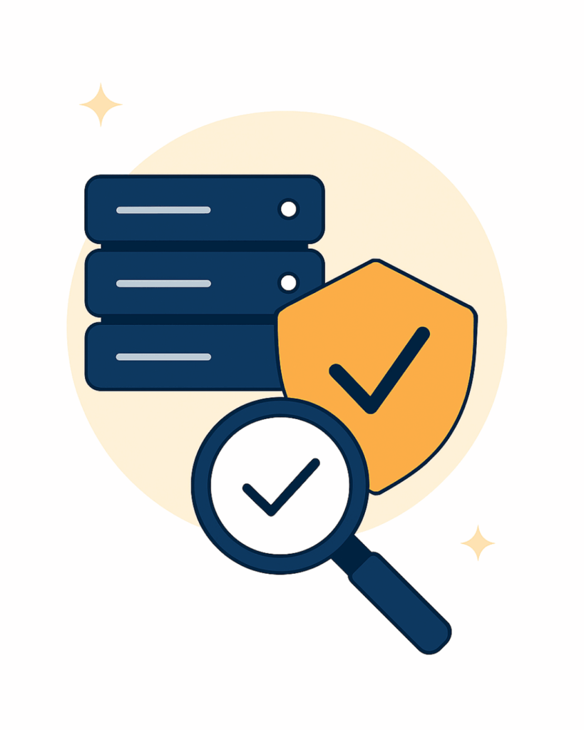 Illustration showing a computer monitor with a settings gear and checkmark, alongside a wrench and calendar, representing evaluation and planning when learning how to choose a managed IT provider.
this next
Alt text:
Illustration of stacked servers with a shield and checkmark, alongside a magnifying glass confirming reliability, representing careful evaluation of security and infrastructure when deciding how to choose a managed IT provider.