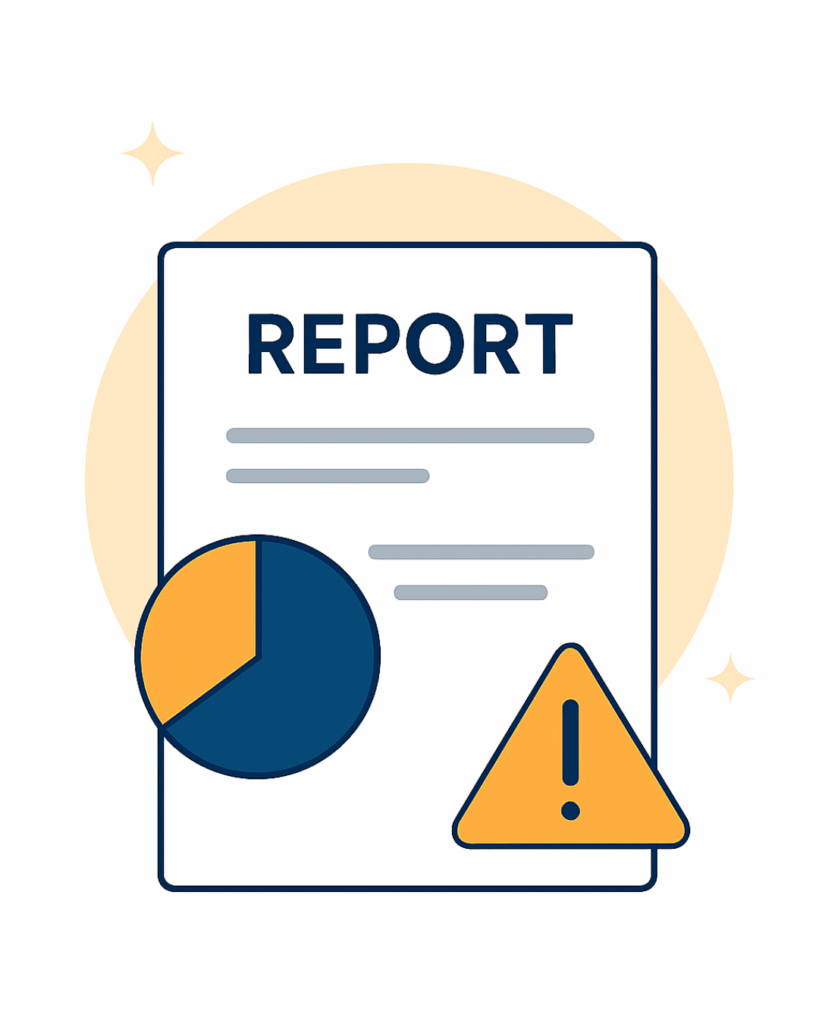 Illustration of a structured report with charts and a warning indicator, representing clear visibility into risks and performance when evaluating how to choose a managed IT provider.