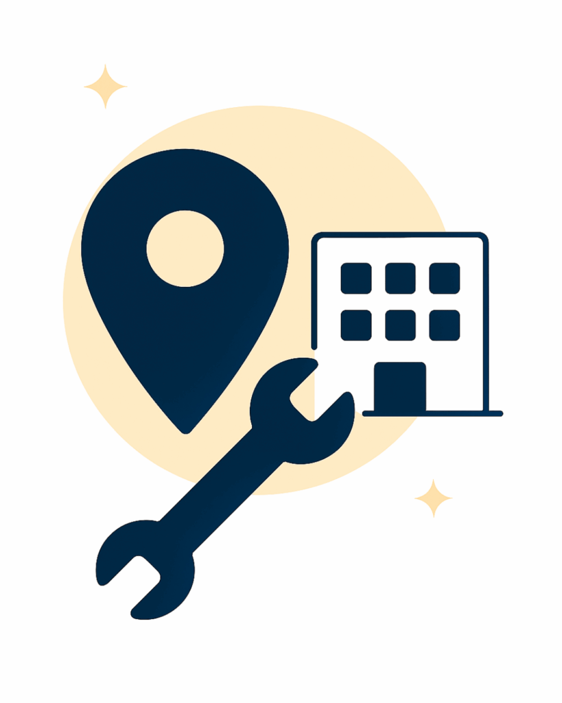 Illustration of a location pin, building, and wrench, representing clearly defined local on-site support and response expectations when considering how to choose a managed IT provider.
