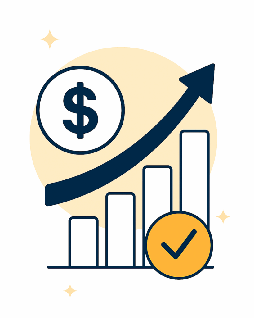 Illustration of rising bars with an upward arrow, a dollar symbol, and a checkmark, representing predictable cost growth and transparent pricing when evaluating how to choose a managed IT provider.