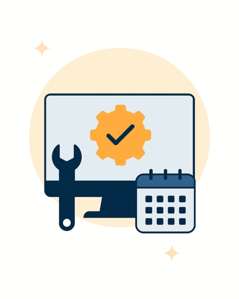 Illustration showing a computer monitor with a settings gear and checkmark, alongside a wrench and calendar, representing evaluation and planning when learning how to choose a managed IT provider.