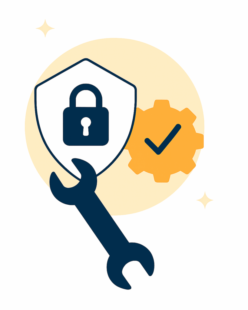 Illustration of a shield with a lock, a gear with a checkmark, and a wrench, representing the balance between standardized security tools and controlled flexibility when deciding how to choose a managed IT provider.