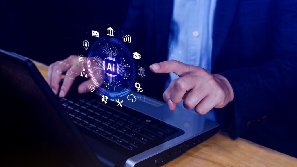 Illustration of AI technology integrated into business workflows, showing connected icons for communication, security, analytics, and operations to represent practical AI solutions for modern organizations.