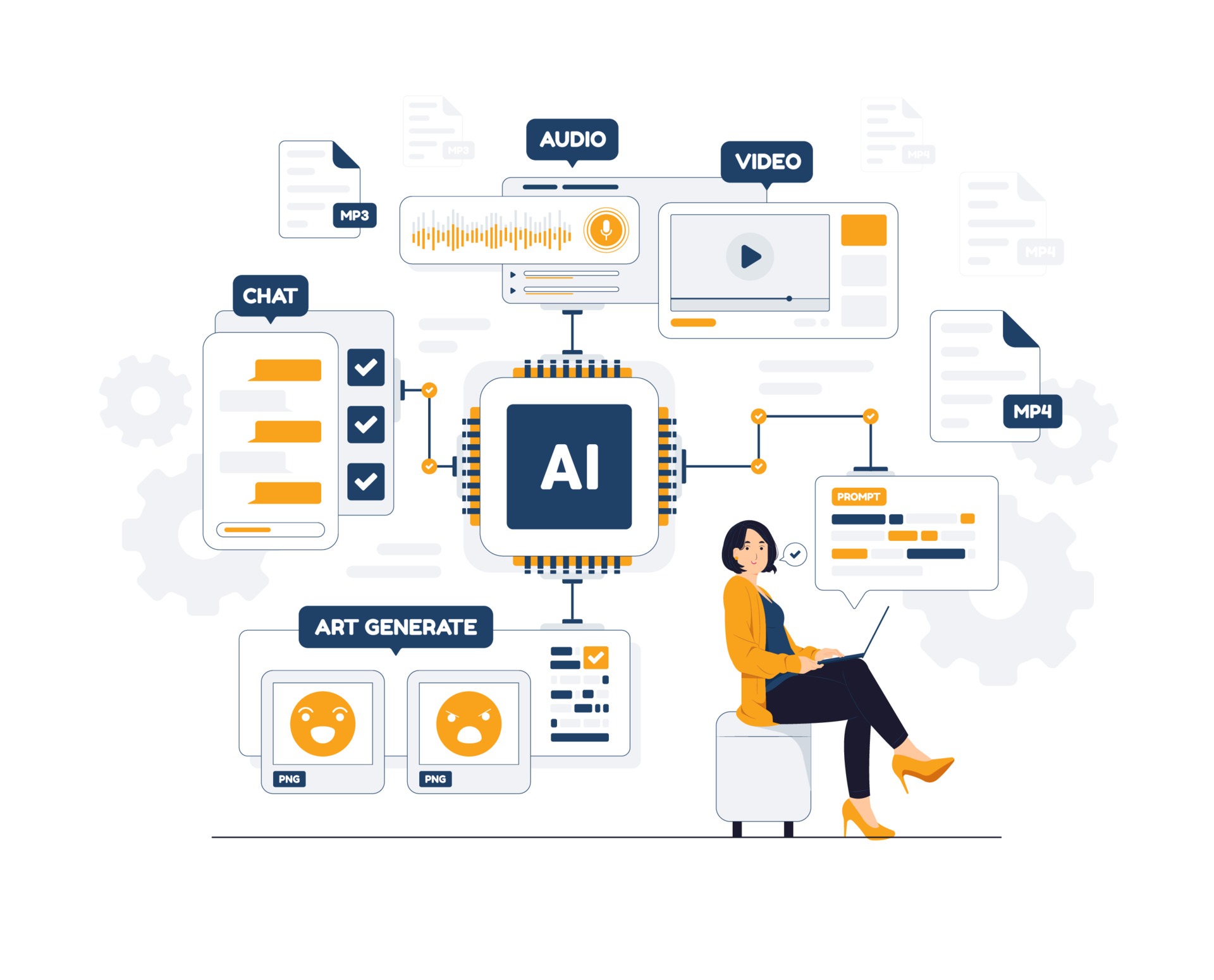Illustration showing AI-driven tools for generating images, video, audio, and written content, representing AI solutions that speed up marketing, training, and internal communications while maintaining consistent brand standards.