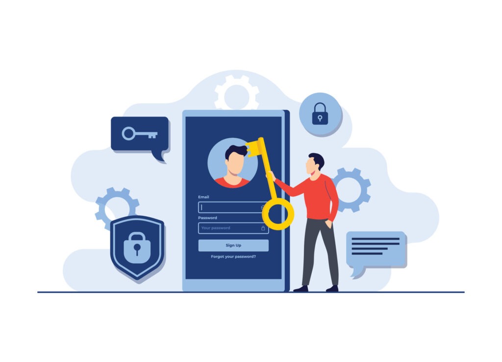 Illustration of a user login screen with security shields, keys, and gears to represent email authentication controls like DMARC, SPF, and DKIM, highlighting how stronger domain protection reduces invoice fraud risk from spoofed emails.