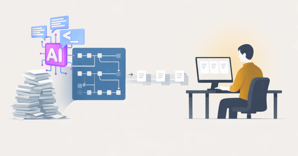 Illustration of AI organizing tasks and documents to improve AI workflow efficiency and streamline everyday business operations