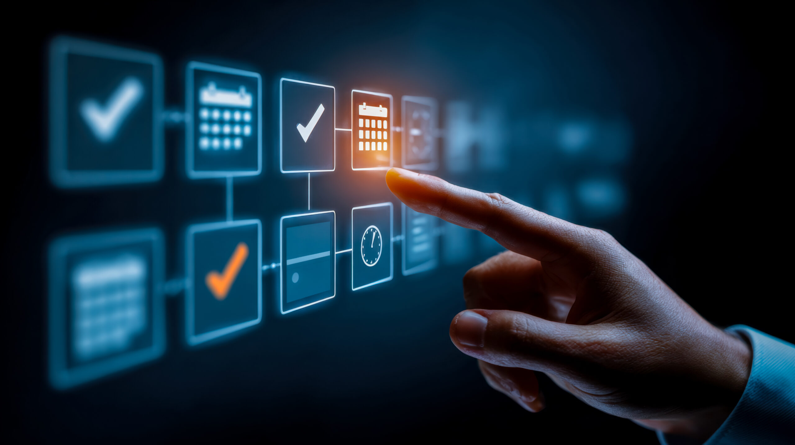 Hand interacting with a digital interface labeled “Self-Hosted AI Agents,” representing AI solutions that provide secure, controlled access to internal knowledge and workflows.