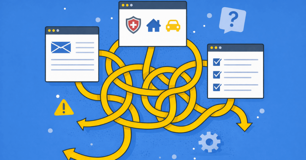 Illustration of tangled systems and tools representing how brokerage workflows become complicated across email, carrier portals, and task management processes