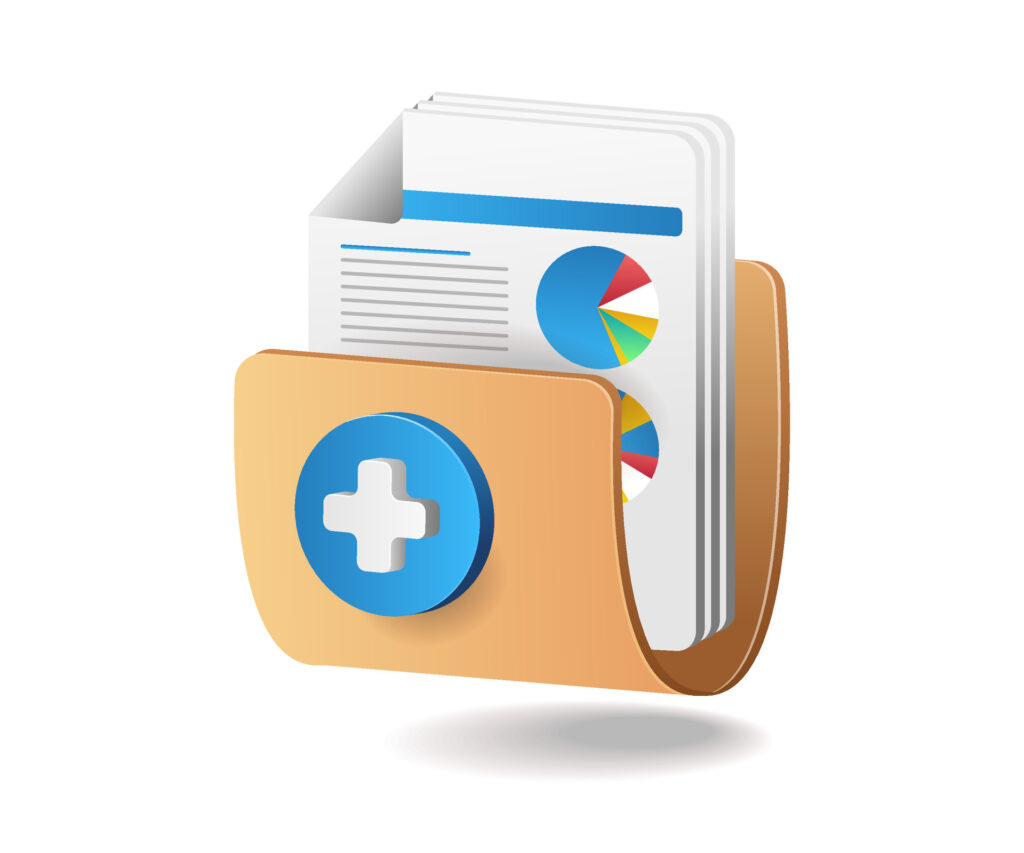 Medical records folder with charts and reports representing dental practice technology risks during dental imaging downtime, highlighting backup gaps and potential data loss.
