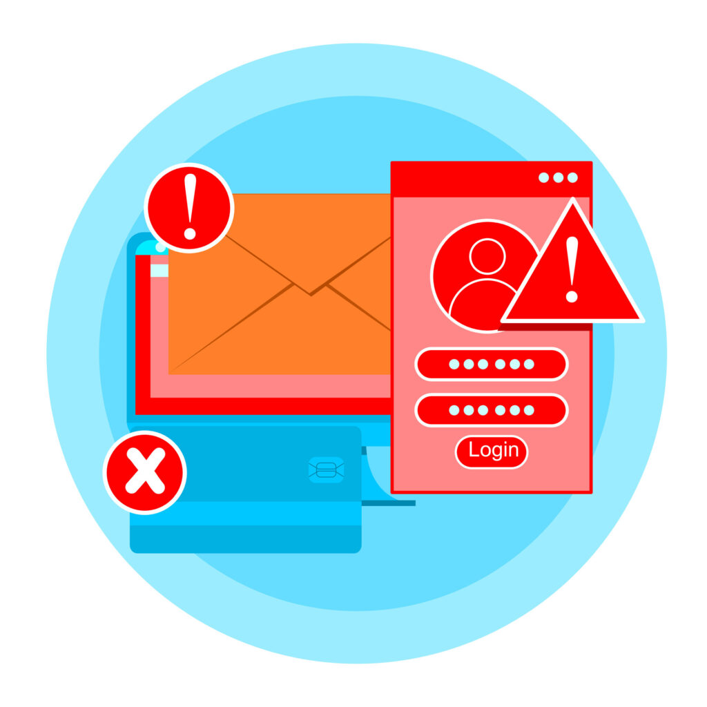 Illustration of phishing alerts and login threats emphasizing tax season security risks related to compromised accounts and MFA fatigue.