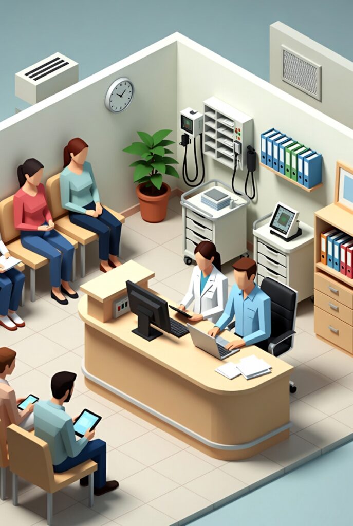 Flat illustration of a healthcare front desk and waiting room with staff accessing EHR systems, representing PHI exposure risks from shared logins, over-permissioned access, and credential misuse in clinical settings.